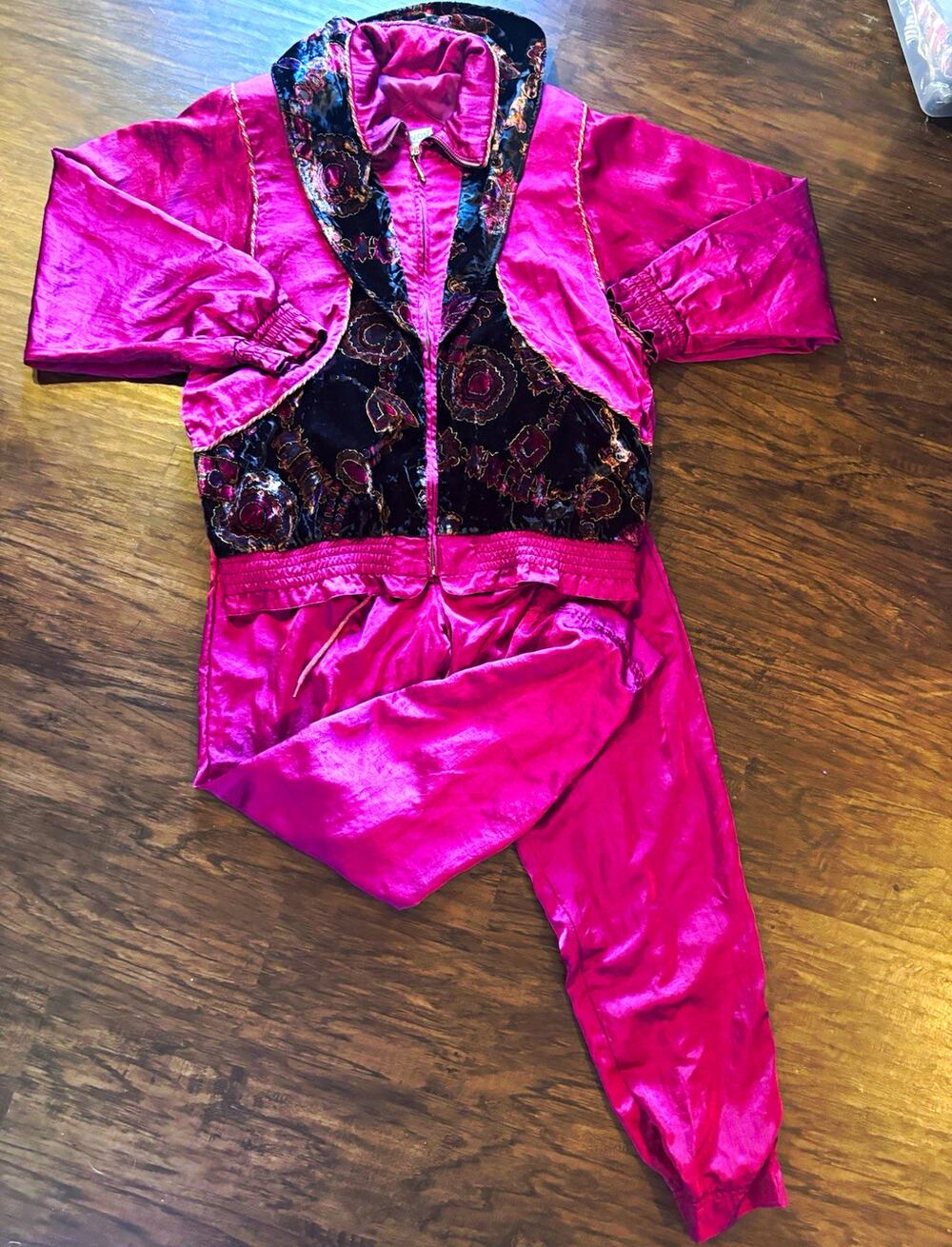 VTG Lavon Women’s 2pc Tracksuit Jacket Pants M Pink/Black Floral Velvet Zip 2174